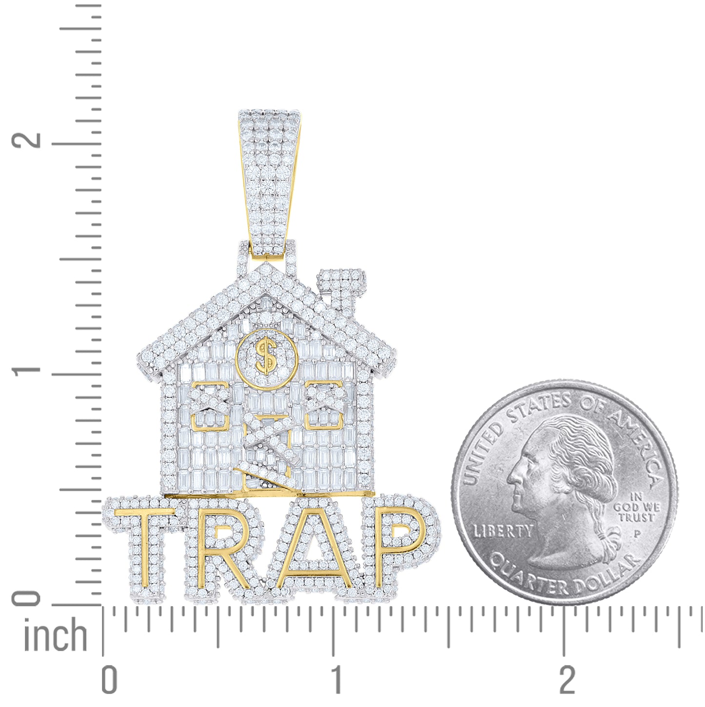 Sterling Silver Yellow-Tone Mens Baguette Round Moissanite Dollar Sign Trap House Pendant – Elegant Jewelry Gift for Birthday, Anniversary, Engagement, Wedding