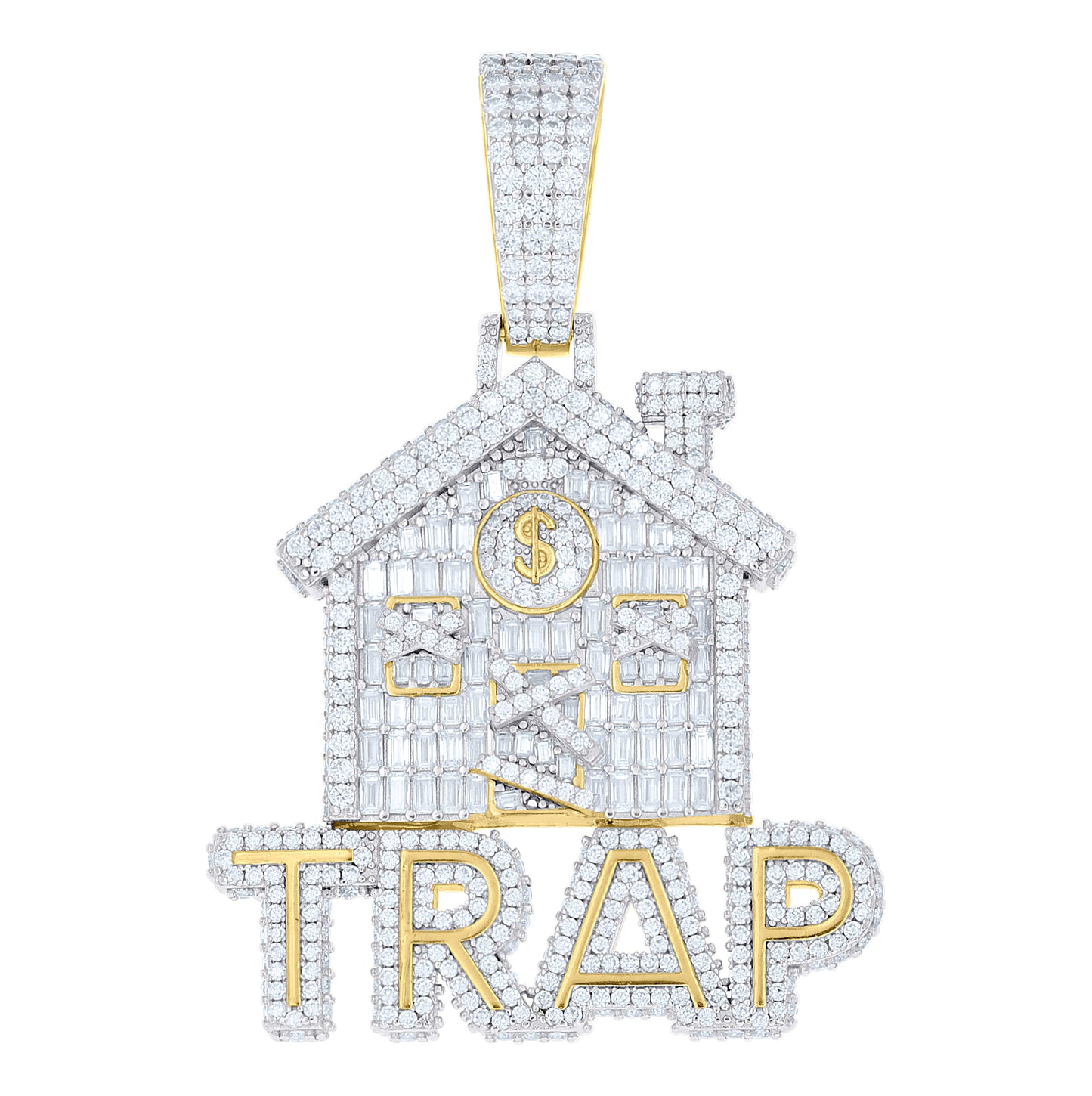 Sterling Silver Yellow-Tone Mens Baguette Round Moissanite Dollar Sign Trap House Pendant – Elegant Jewelry Gift for Birthday, Anniversary, Engagement, Wedding