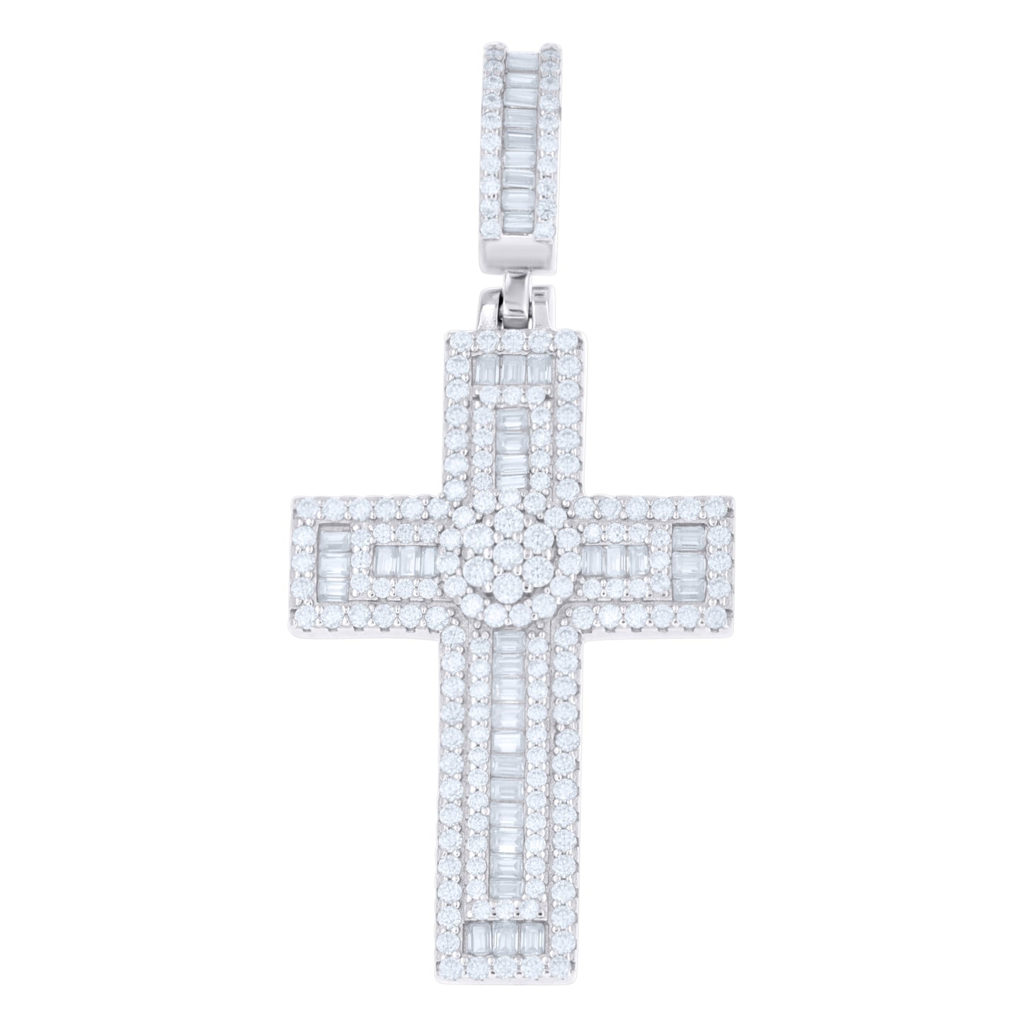 Sterling Silver Mens Baguette Round Moissanite Cross Religious Pendant – Elegant Jewelry Gift for Birthday, Anniversary, Engagement, Wedding