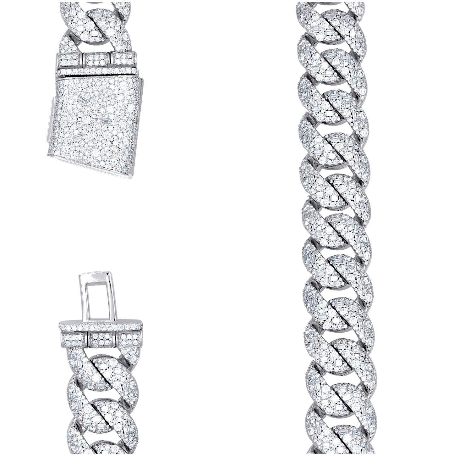 Sterling Silver Unisex Baguette Round Moissanite Miami Cuban Chain Necklace 20mm 22 Inches– Elegant Jewelry Gift for Birthday, Anniversary, Engagement, Wedding
