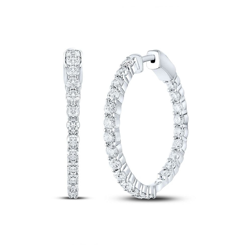 14K White Gold Womens Round Diamond Inside-Outside Hoop Earrings 3 Cttw