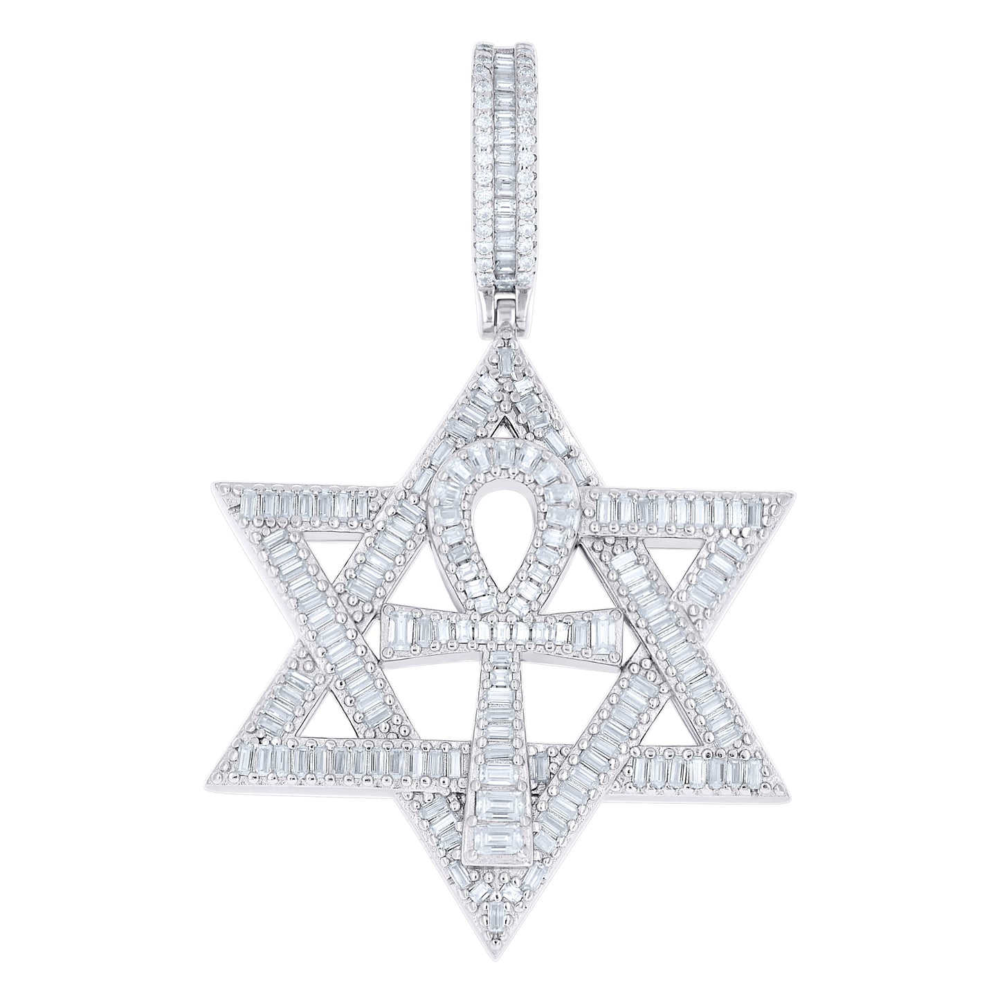 Sterling Silver Unisex Baguette Round Moissanite Ankh Cross Star Of David Symbol Pendant – Elegant Jewelry Gift for Birthday, Anniversary, Engagement, Wedding