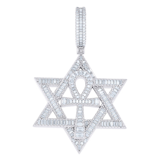 Sterling Silver Unisex Baguette Round Moissanite Ankh Cross Star Of David Symbol Pendant – Elegant Jewelry Gift for Birthday, Anniversary, Engagement, Wedding