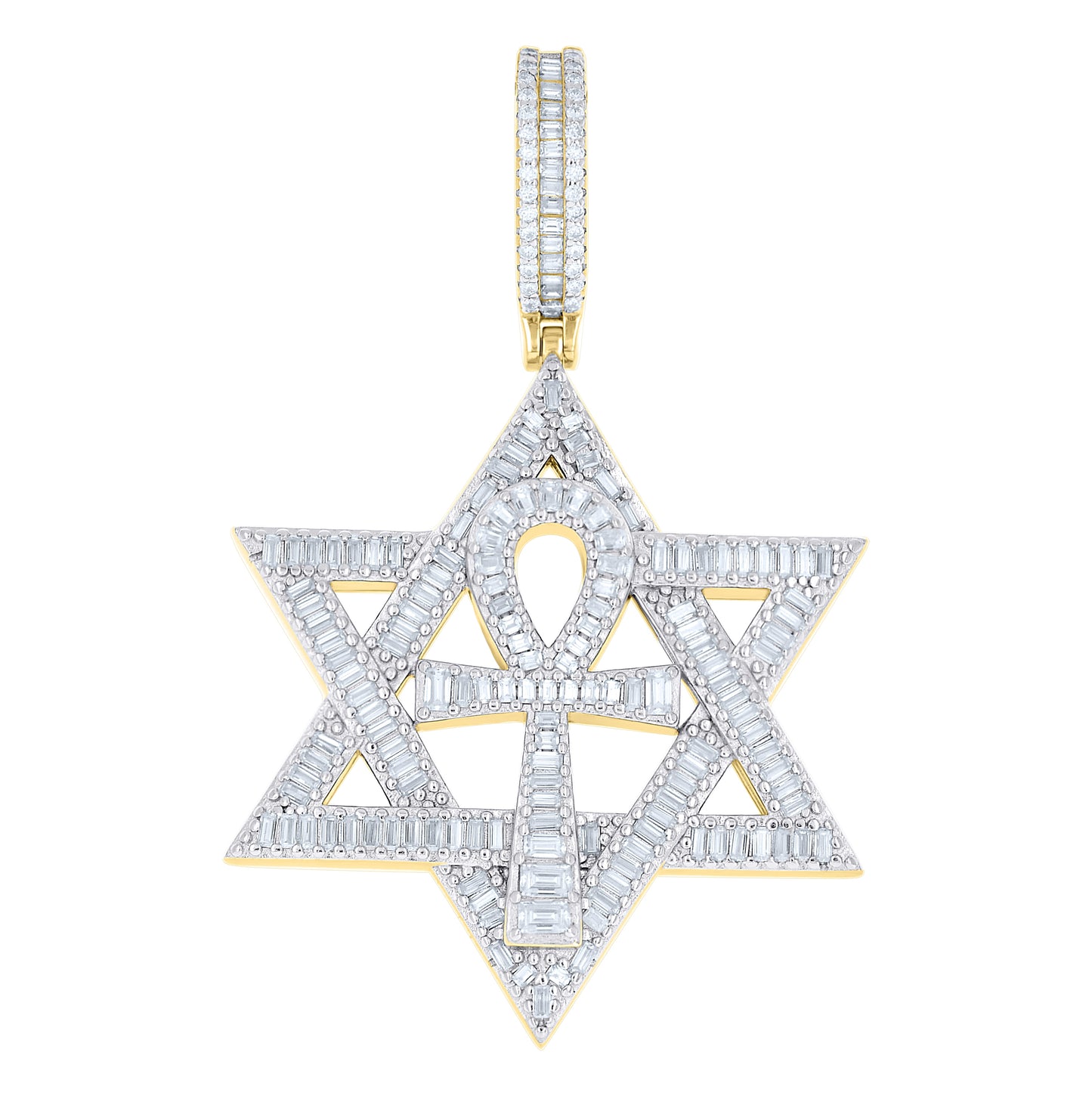 Sterling Silver Unisex Baguette Round Moissanite Ankh Cross Star Of David Symbol Pendant – Elegant Jewelry Gift for Birthday, Anniversary, Engagement, Wedding