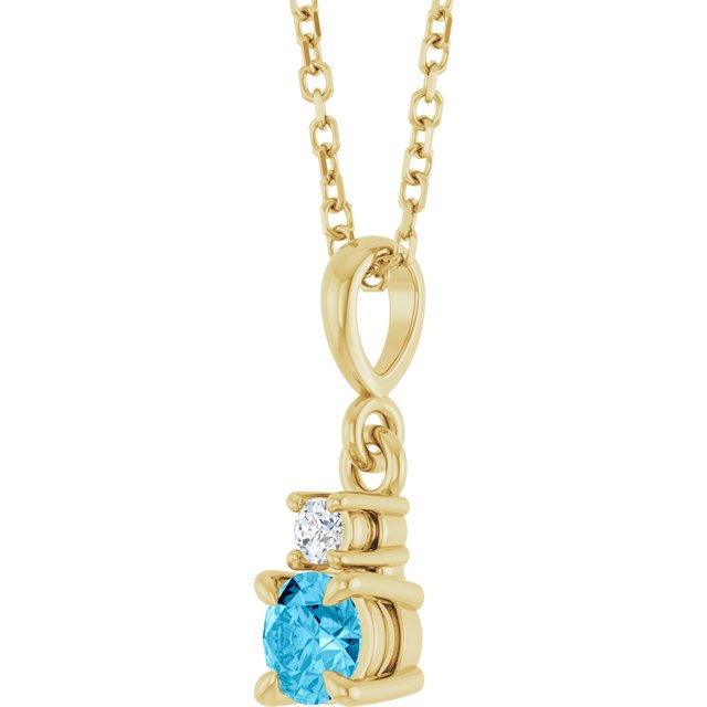 14K Yellow Gold Round 4Mm I1, G-H 16-18 In Polished Natural Aquamarine And .03 Ct Natural Diamond Necklace