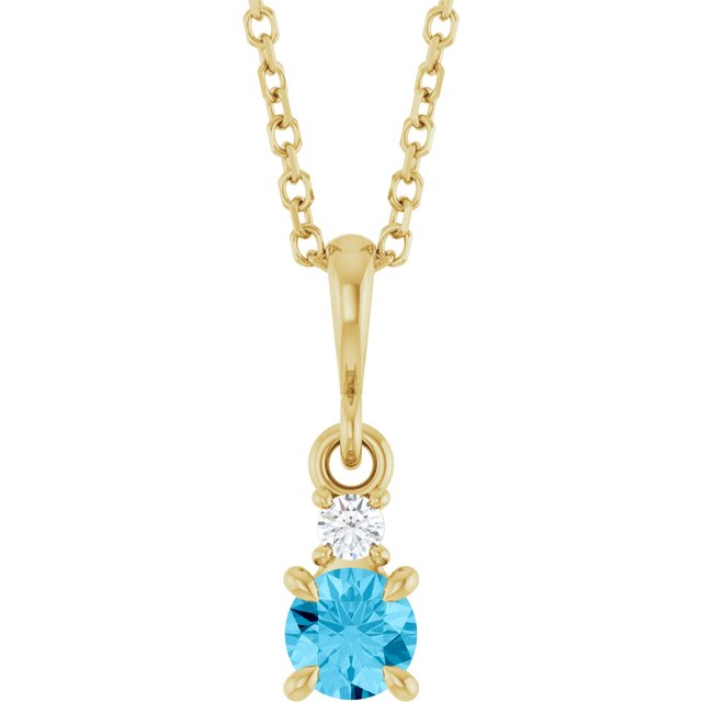 14K Yellow Gold Round 4Mm I1, G-H 16-18 In Polished Natural Aquamarine And .03 Ct Natural Diamond Necklace
