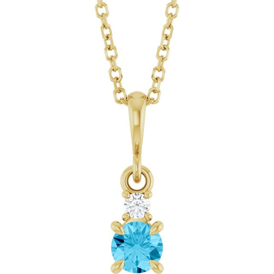 14K Yellow Gold Round 4Mm I1, G-H 16-18 In Polished Natural Aquamarine And .03 Ct Natural Diamond Necklace