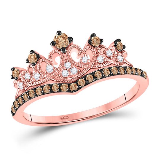 10K Rose Gold Womens Round Brown Diamond Crown Tiara Ring 1/3 Cttw, Womens Size: 5-10