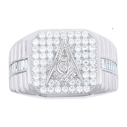 Sterling Silver Mens Baguette Round 1.49ct  Moissanite Masonic Symbol Religious Ring Size 10– Elegant Jewelry Gift for Birthday, Anniversary, Engagement, Wedding