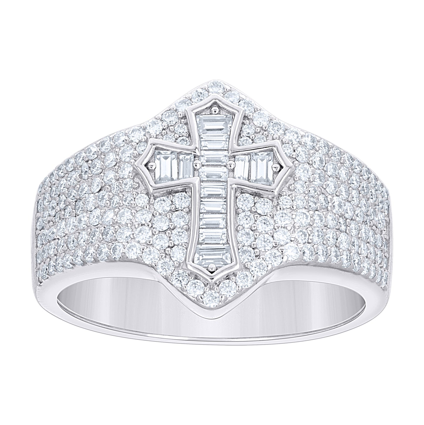 Sterling Silver Mens Baguette Round 1.69ct  Moissanite Cross Religious Ring Size 10– Elegant Jewelry Gift for Birthday, Anniversary, Engagement, Wedding