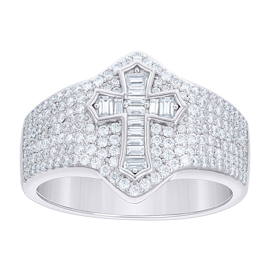 Sterling Silver Mens Baguette Round 1.69ct  Moissanite Cross Religious Ring Size 10– Elegant Jewelry Gift for Birthday, Anniversary, Engagement, Wedding