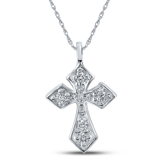 10K White Gold Womens Round Diamond Small Cross Pendant 1/20 Cttw