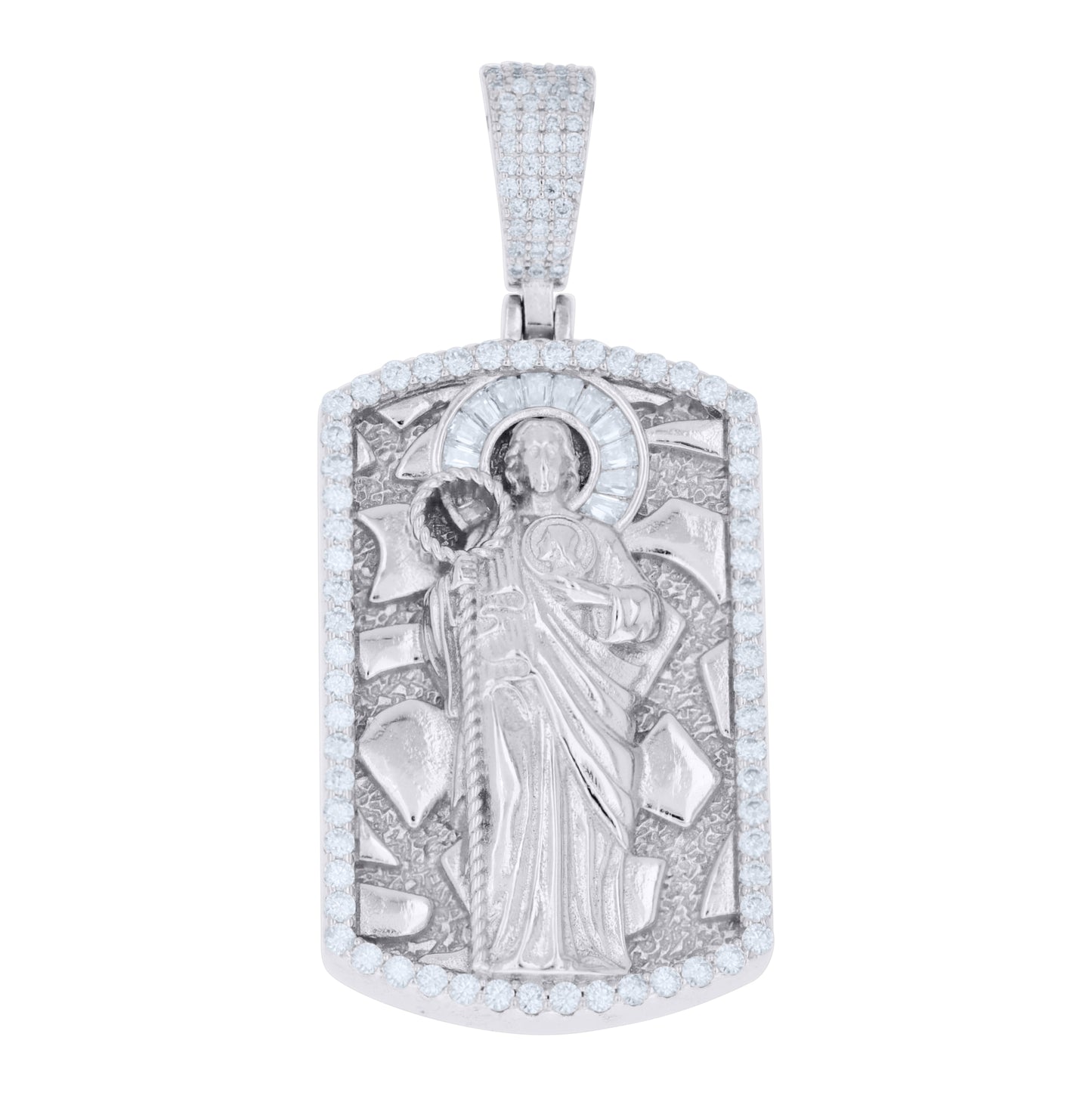 Sterling Silver Men Round Baguette Moissanite Dog Tag St. Jude Religious Charm Pendant – Elegant Jewelry Gift for Birthday, Anniversary, Engagement, Wedding
