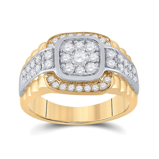 10K Two-tone Gold Mens Round Diamond Ribbed Square Cluster Ring 1-1/4 Cttw, Mens Size: 7-13