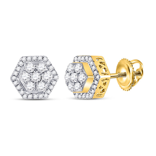10K Yellow Gold Round Diamond Hexagon Cluster Earrings 1/2 Cttw