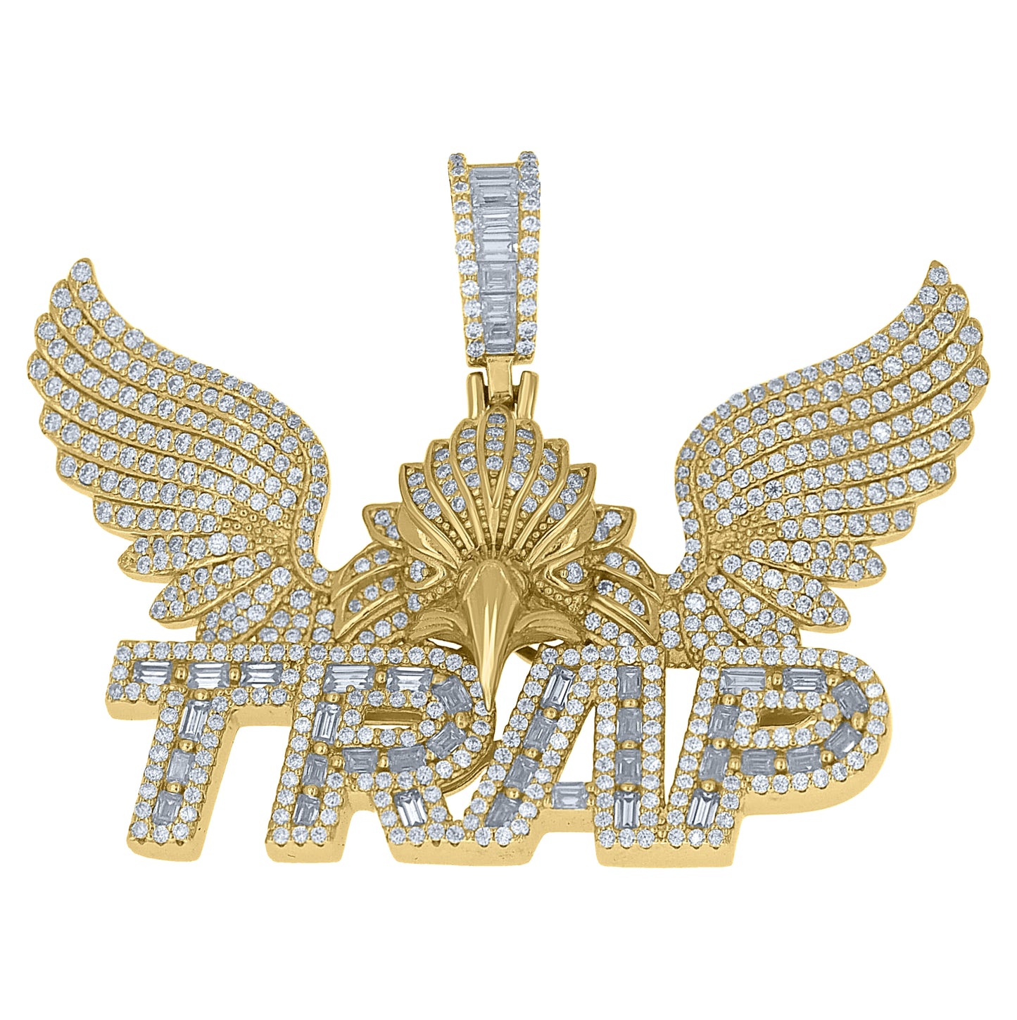 Sterling Silver Yellow-Tone Mens Baguette Round Cubic-Zirconia Eagle TRAP Talking Pendant – Elegant Jewelry Gift for Birthday, Anniversary, Engagement, Wedding
