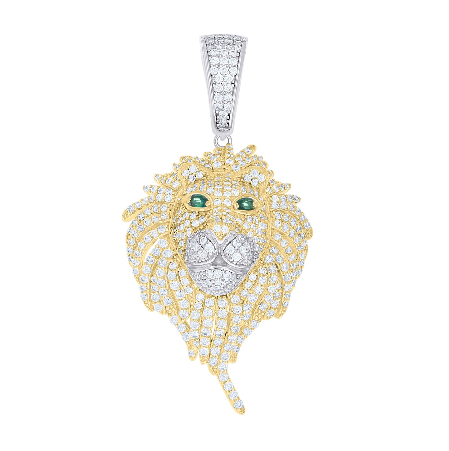 Sterling Silver Yellow-tone Mens White Green Cubic-Zirconia Lion Head Animal Wildlife Pendant – Elegant Jewelry Gift for Birthday, Anniversary, Engagement, Wedding