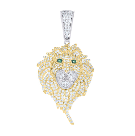 Sterling Silver Yellow-tone Mens White Green Cubic-Zirconia Lion Head Animal Wildlife Pendant – Elegant Jewelry Gift for Birthday, Anniversary, Engagement, Wedding