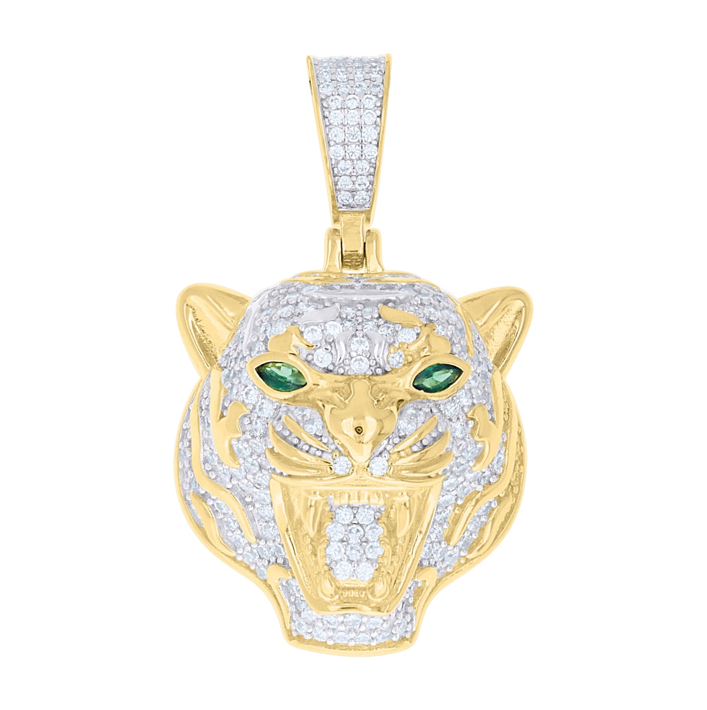 Sterling Silver Yellow-tone Mens Round Marquise White Green Cubic-Zirconia Tiger Head Pendant – Elegant Jewelry Gift for Birthday, Anniversary, Engagement, Wedding