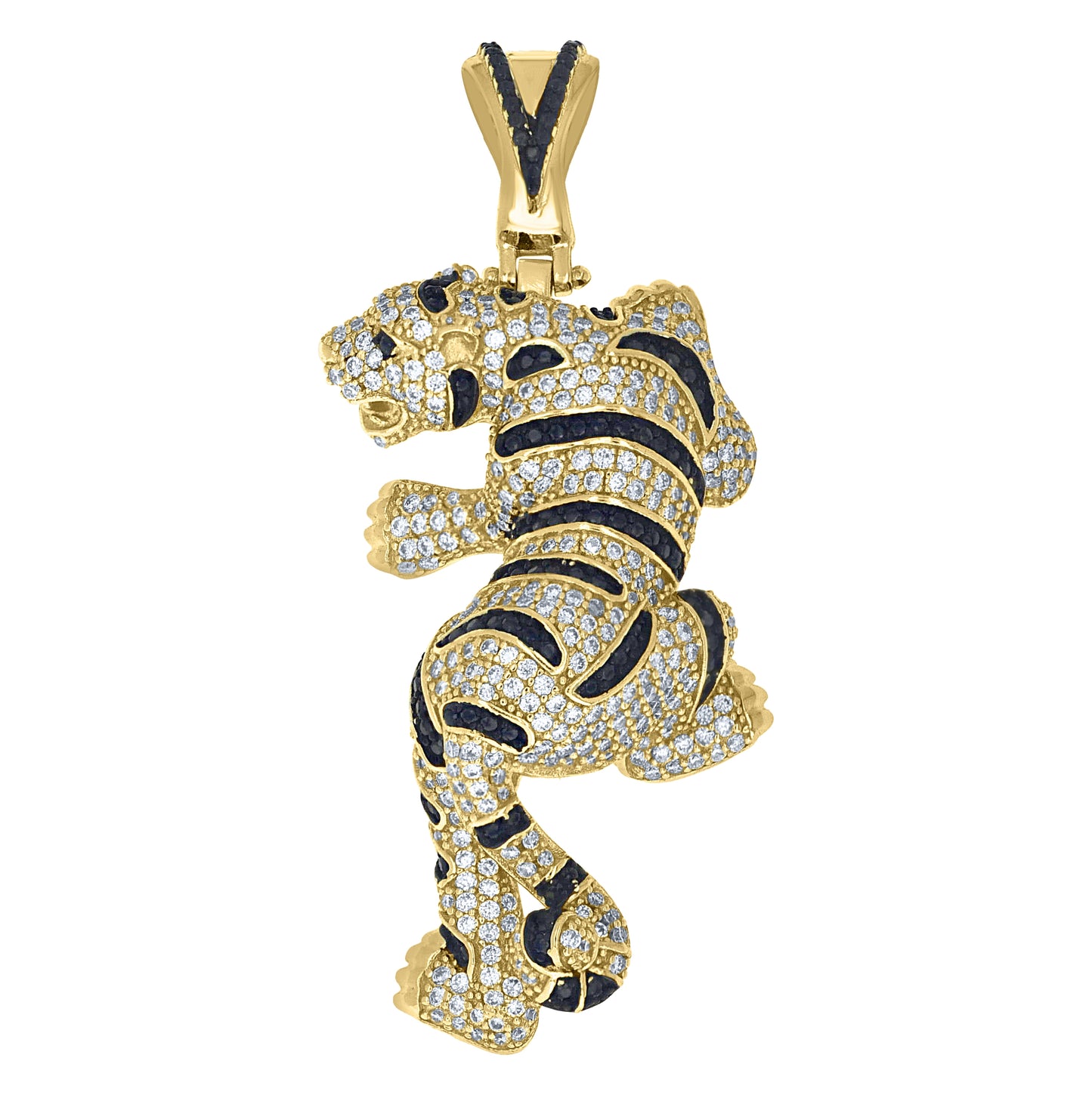 Sterling Silver Yellow-Tone Mens Black White Cubic-Zirconia Tiger Pendant – Elegant Jewelry Gift for Birthday, Anniversary, Engagement, Wedding