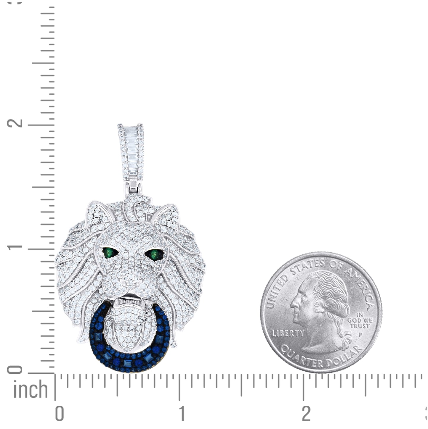Sterling Silver Mens Round Baguette White Blue/Green Cubic-Zirconia Lion Head Animal Pendant – Elegant Jewelry Gift for Birthday, Anniversary, Engagement, Wedding