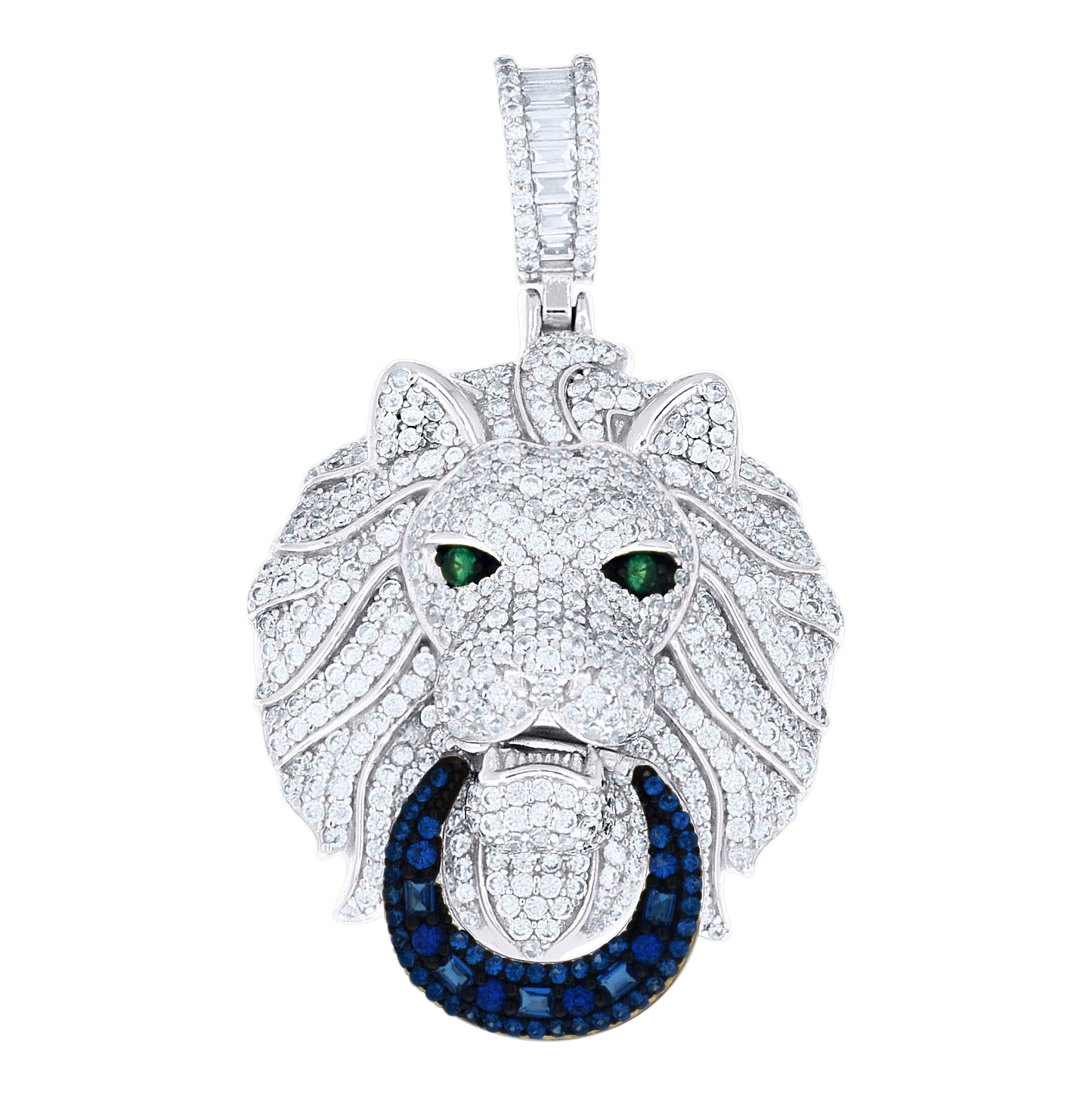 Sterling Silver Mens Round Baguette White Blue/Green Cubic-Zirconia Lion Head Animal Pendant – Elegant Jewelry Gift for Birthday, Anniversary, Engagement, Wedding
