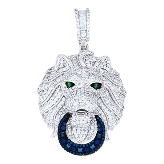 Sterling Silver Mens Round Baguette White Blue/Green Cubic-Zirconia Lion Head Animal Pendant – Elegant Jewelry Gift for Birthday, Anniversary, Engagement, Wedding