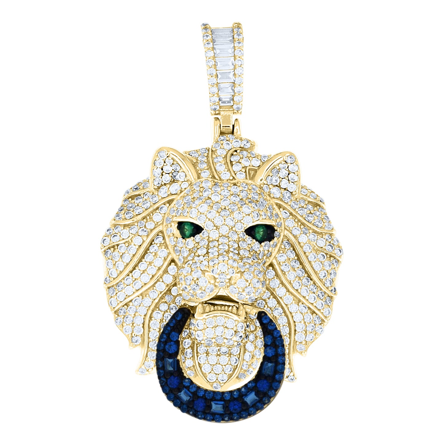 Sterling Silver Mens Round Baguette White Blue/Green Cubic-Zirconia Lion Head Animal Pendant – Elegant Jewelry Gift for Birthday, Anniversary, Engagement, Wedding