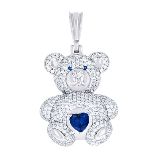 Sterling Silver Womens Round Heart White Blue Cubic-Zirconia Teddy Bear Pendant – Elegant Jewelry Gift for Birthday, Anniversary, Engagement, Wedding