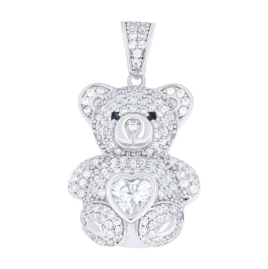Sterling Silver Womens Round Heart White Black Cubic-Zirconia Teddy Bear Pendant – Elegant Jewelry Gift for Birthday, Anniversary, Engagement, Wedding