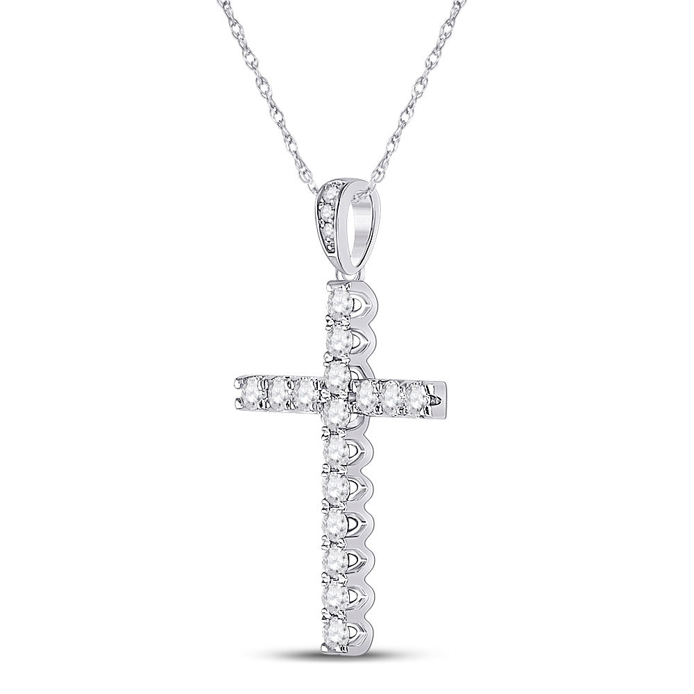 14K White Gold Womens Round Diamond Cross Pendant 1/2 Cttw
