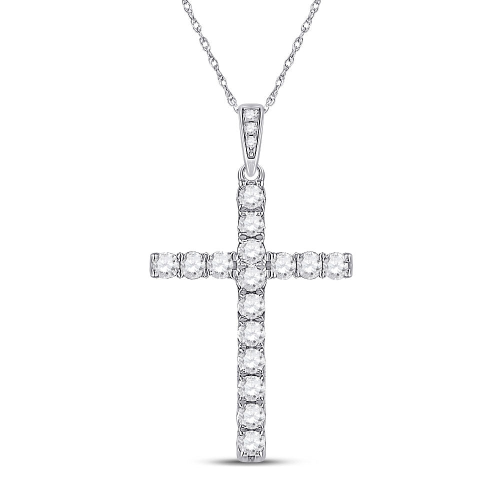 14K White Gold Womens Round Diamond Cross Pendant 1/2 Cttw