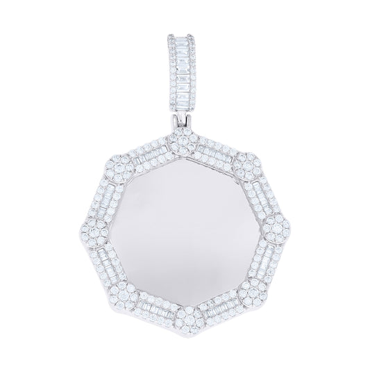Sterling Silver Unisex Round Baguette Cubic-Zirconia Picture Frame Pendant – Elegant Jewelry Gift for Birthday, Anniversary, Engagement, Wedding