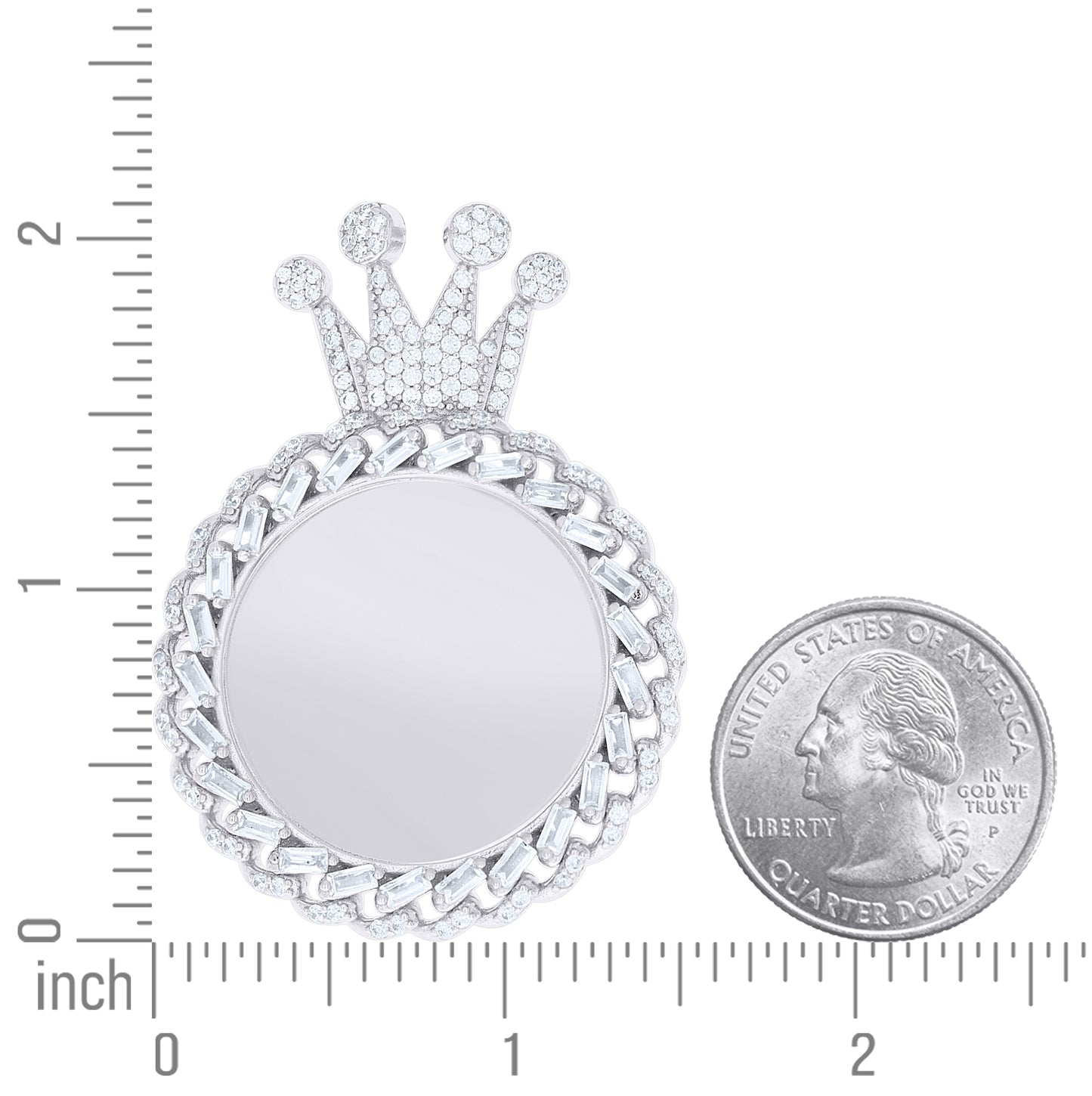 Sterling Silver Unisex Round Baguette Cubic-Zirconia Crown Picture Frame Pendant – Elegant Jewelry Gift for Birthday, Anniversary, Engagement, Wedding