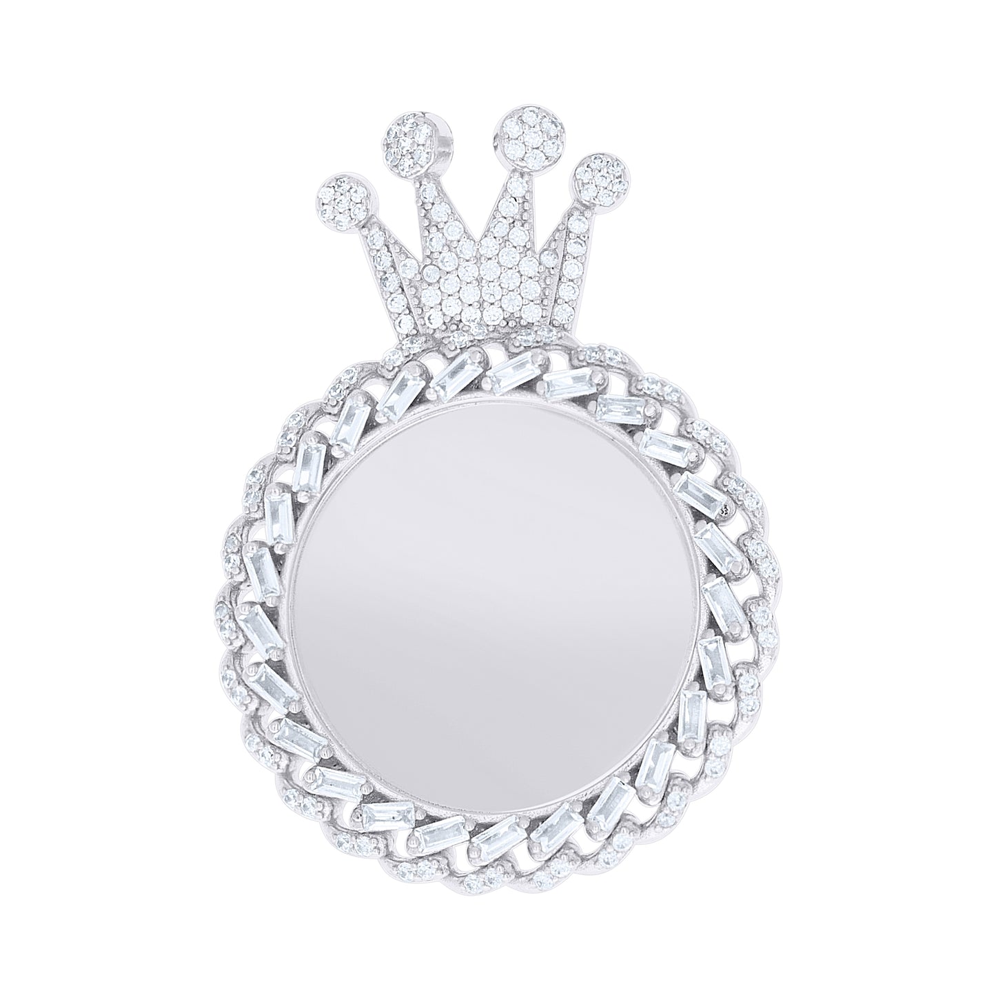 Sterling Silver Unisex Round Baguette Cubic-Zirconia Crown Picture Frame Pendant – Elegant Jewelry Gift for Birthday, Anniversary, Engagement, Wedding