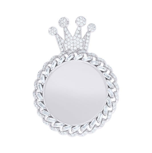 Sterling Silver Unisex Round Baguette Cubic-Zirconia Crown Picture Frame Pendant – Elegant Jewelry Gift for Birthday, Anniversary, Engagement, Wedding