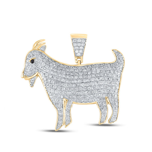 10K Yellow Gold Mens Round Diamond Goat Animal Charm Pendant 2-7/8 Cttw, Length: 1.43 In, Width: 1.52 In