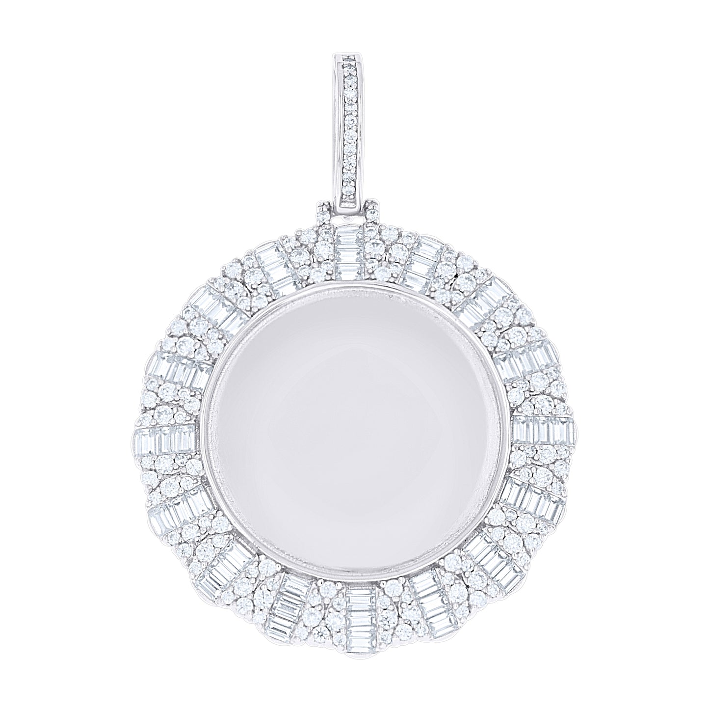 Sterling Silver Unisex Round Baguette Cubic-Zirconia Picture Frame Pendant – Elegant Jewelry Gift for Birthday, Anniversary, Engagement, Wedding