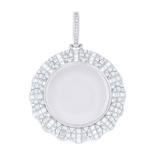 Sterling Silver Unisex Round Baguette Cubic-Zirconia Picture Frame Pendant – Elegant Jewelry Gift for Birthday, Anniversary, Engagement, Wedding