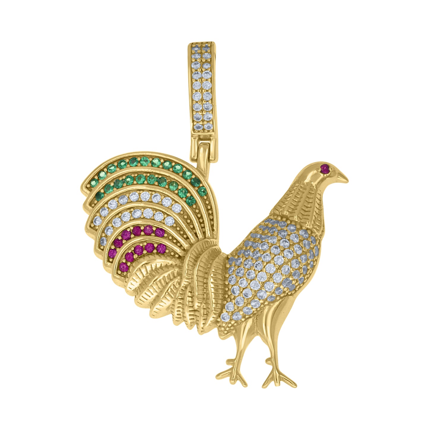 Sterling Silver Yellow-Tone Unisex Green Pink White Cubic-Zirconia Rooster Fashion Pendant – Elegant Jewelry Gift for Birthday, Anniversary, Engagement, Wedding