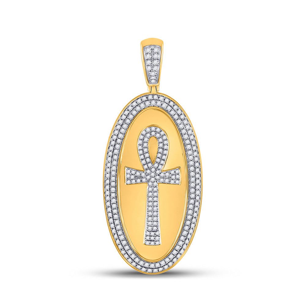 10K Yellow Gold Mens Round Diamond Oval Ankh Cross Charm Pendant 2 Cttw