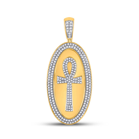 10K Yellow Gold Mens Round Diamond Oval Ankh Cross Charm Pendant 2 Cttw