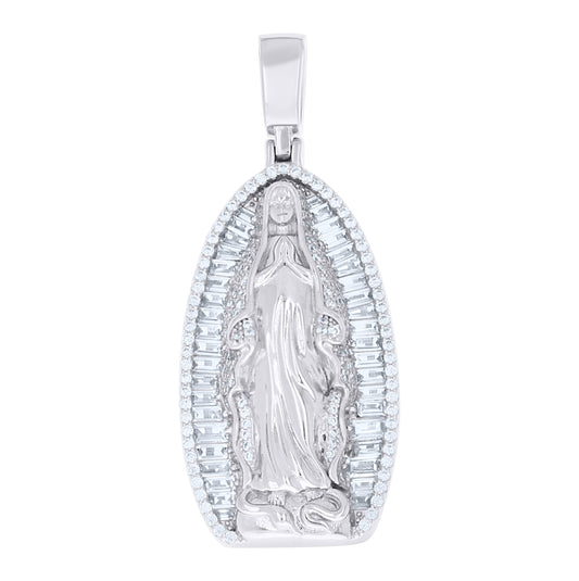 Sterling Silver Men Round Baguette Cubic-Zirconia Guadalupe Religious Charm Pendant – Elegant Jewelry Gift for Birthday, Anniversary, Engagement, Wedding