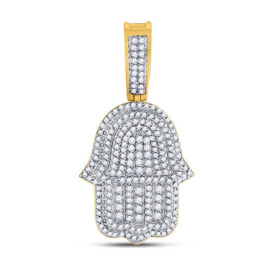 10K Yellow Gold Mens Round Diamond Hamsa Fatima Hand Charm Pendant 1-7/8 Cttw, Length: 1.74 In, Width: 0.94 In