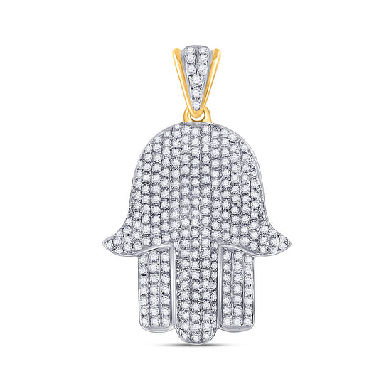 10K Yellow Gold Mens Round Diamond Hamsa Hand Charm Pendant 3/4 Cttw, Length: 1.15 In, Width: 0.72 In