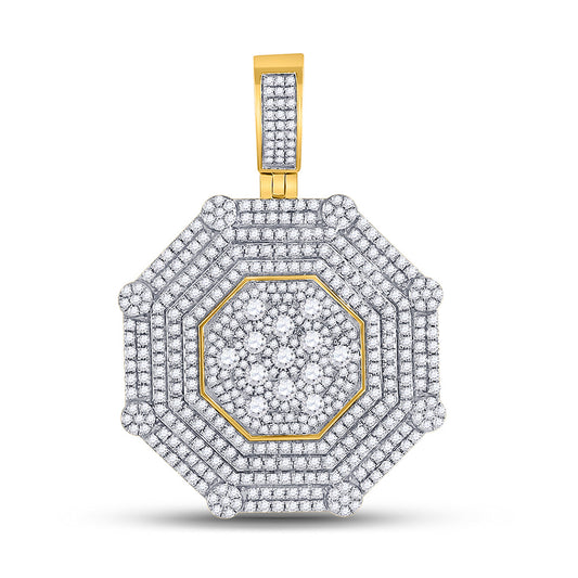 10K Yellow Gold Mens Round Diamond Octagon Cluster Charm Pendant 3-1/2 Cttw