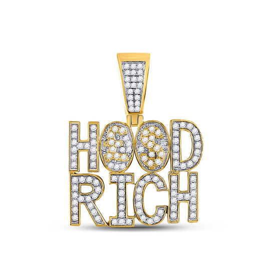 10K Yellow Gold Mens Round Diamond Hood Rich Phrase Charm Pendant 1-3/4 Cttw, Length: 1.6 In, Width: 1.25 In