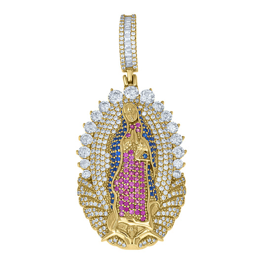 Sterling Silver Yellow-Tone Unisex Pink Blue White Cubic-Zirconia Guadalupe Pendant – Elegant Jewelry Gift for Birthday, Anniversary, Engagement, Wedding