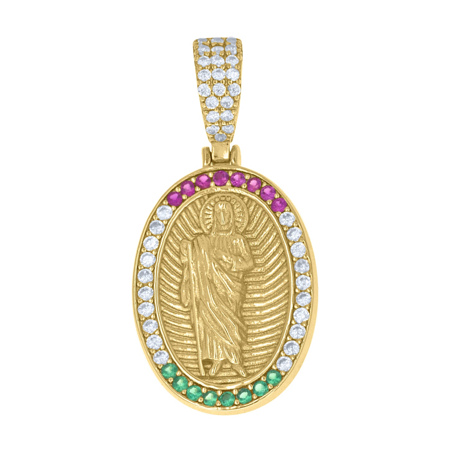 Sterling Silver Yellow-Tone Unisex Green Pink White Cubic-Zirconia St. Jude Religious Pendant – Elegant Jewelry Gift for Birthday, Anniversary, Engagement, Wedding