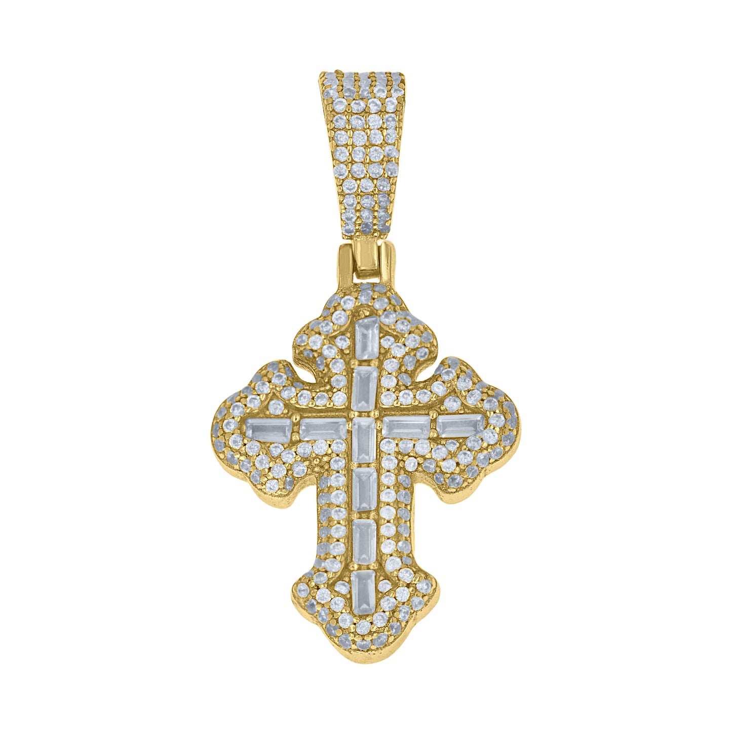 Sterling Silver Yellow-Tone Unisex Baguette Round Cubic-Zirconia Budded Cross Religious Pendant – Elegant Jewelry Gift for Birthday, Anniversary, Engagement, Wedding